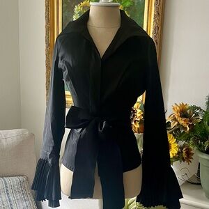 🎉Chic Black Button Down Blouse With Bell Sleeves And Belt